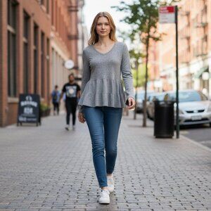 Green Envelope V Neck Grey Ruffle Sweater Small NWT